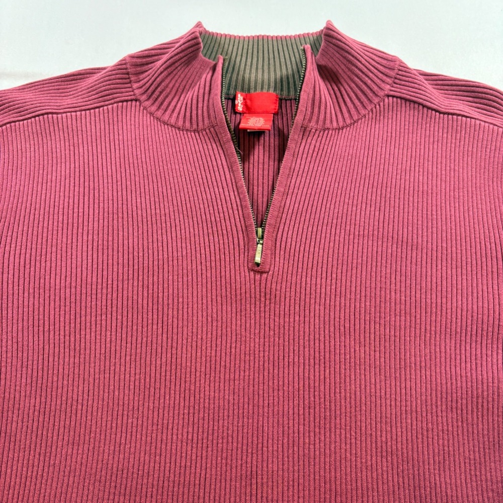 Levis Quarter Zip Sweater Mens Large Burgundy Ribbed Cotton Mock Neck Pullover